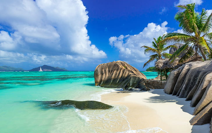 Страна на Сейшелските острови в Източна Африка Синя вода Тропически пясъчен плаж Красиви тапети Hd 2560 × 1600, HD тапет