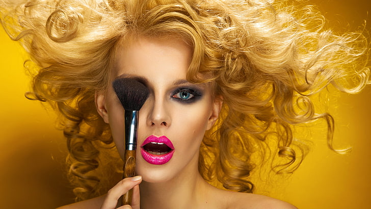 makeup, women, face, model, blonde, curly hair, lipstick, HD wallpaper