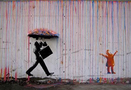 pintura mural, lluvia, graffiti, paraguas, Noruega, CMYK, diseño Skurtur, Trondheim, Svartlamoen, pintura mural, pintura de lluvia en Noruega, mural, Fondo de pantalla HD HD wallpaper