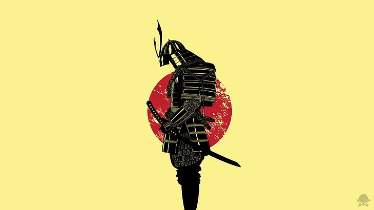 ساموراي مع علم اليابان قصاصات فنية ، ساموراي ، محارب ، رسوم متحركة ، اليابان ، درع ، بساطتها ، عمل فني، خلفية HD