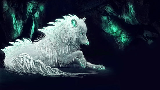 kegelapan, serigala, serigala putih, seni fantasi, imajinasi, makhluk mitos, Wallpaper HD HD wallpaper