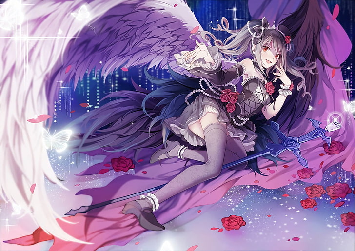 thigh-highs, anime, anime girls, flowers, dress, purple dresses, red eyes, open mouth, long hair, looking at viewer, smiling, high heels, wings, lolita fashion, twintails, HD wallpaper