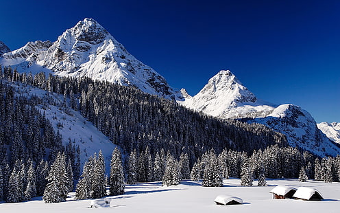 karla kaplı dağ, doğa, kış, kar, ağaçlar, dağlar, HD masaüstü duvar kağıdı HD wallpaper
