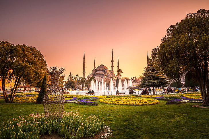 trees, flowers, Park, lawn, the evening, tower, fountain, temple, Istanbul, Turkey, Palace, The blue mosque, HD wallpaper