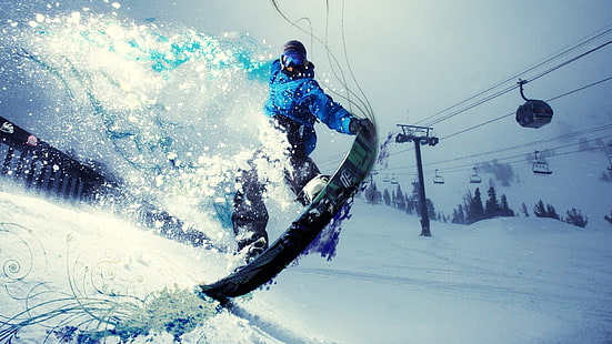 black snowboard, snowboarding, sport , digital art, snow, sports, HD wallpaper HD wallpaper