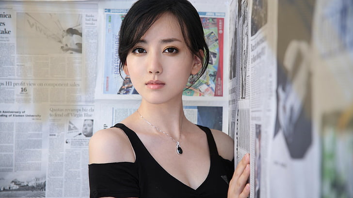 woman in black v-neck cold-shoulder sleeveless top, Tian Jing, portrait, 4k, HD wallpaper