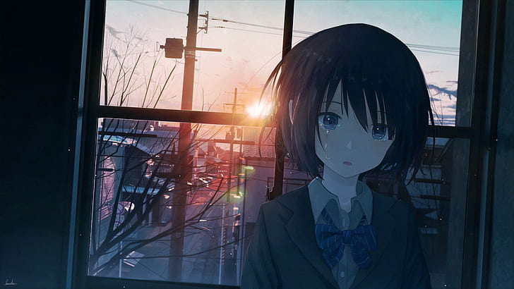 аниме девушки, утро, Япония, рассвет, плач, голубые глаза, оконные рамы, город, галстук-бабочка, HD обои