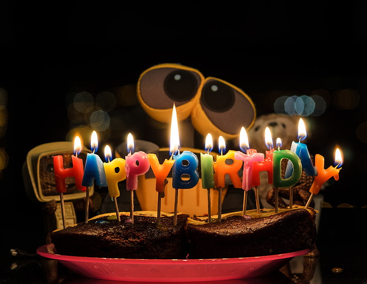 brown happy birthday cake with candles, birthday, robot, wall-e, pie, valley, congratulations, happy birthday, HD wallpaper