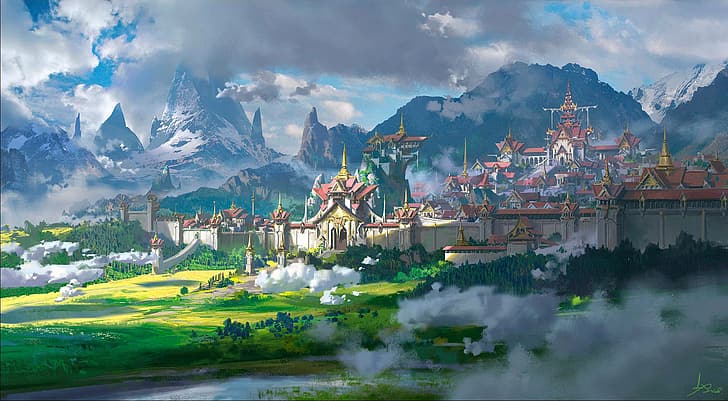 digital art, fantasy art, Ling Xiang, landscape, fantasy city, castle, mountains, HD wallpaper