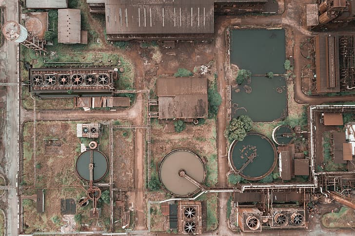 aerial view, building, industrial, sewers, HD wallpaper