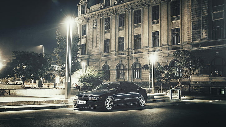 weißes und schwarzes Betongebäude, BMW, Auto, e46, HD-Hintergrundbild
