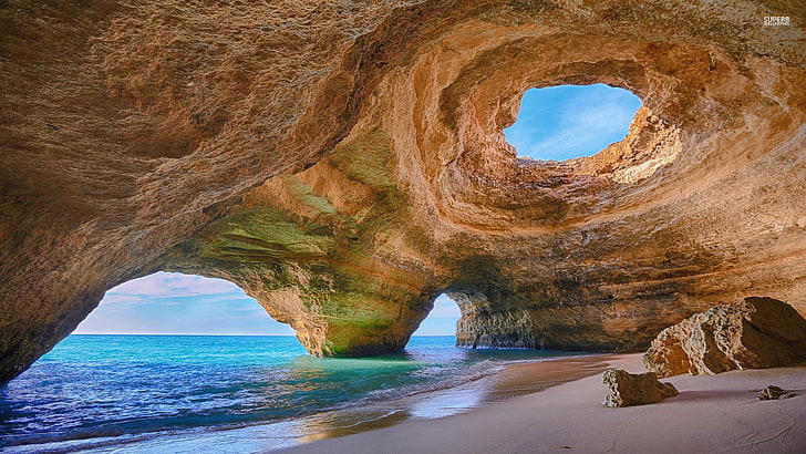 fotografia de paisagem da costa do mar da caverna, natureza, paisagem, mar, praia, caverna, HD papel de parede