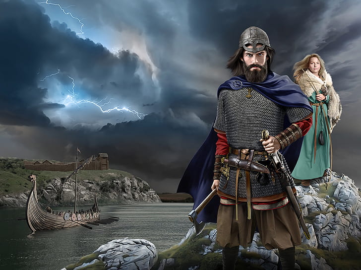 Fille, figure, épée, casque, courrier, Viking, Drakkar, hache de bataille nordique, Sachs, Fond d'écran HD