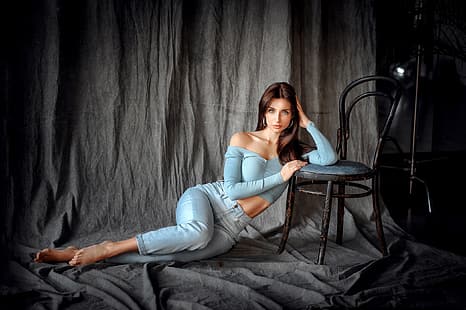 look, sexy, pose, model, portrait, jeans, makeup, figure, hairstyle, chair, brown hair, topic, legs, beauty, sitting, on the floor, blue, barefoot, Julia, Denis Lytkin, HD wallpaper HD wallpaper