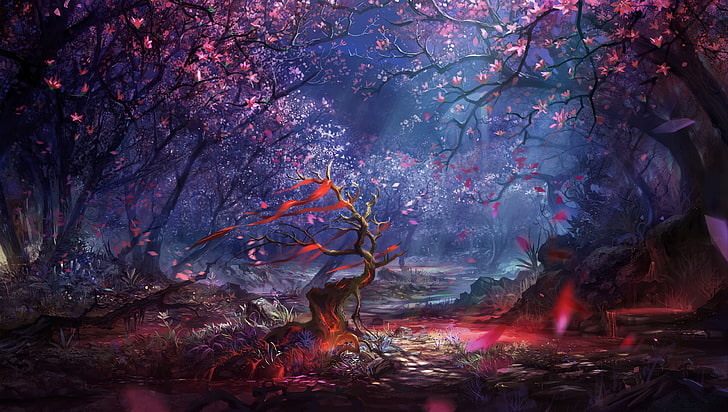 papel tapiz digital de árboles rosados ​​y marrones, obras de arte, arte de fantasía, arte digital, bosque, árboles, colorido, paisaje, naturaleza, Fondo de pantalla HD
