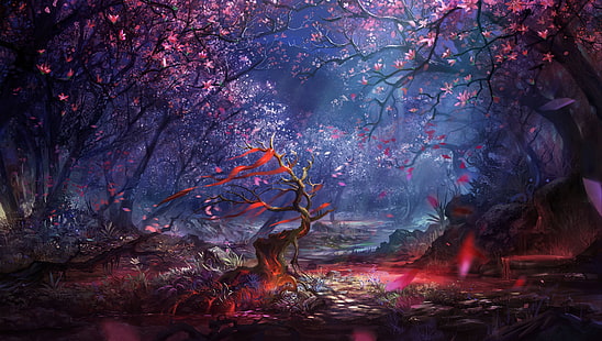 carta da parati digitale alberi rosa e marrone, opere d'arte, fantasy art, arte digitale, foresta, alberi, colorato, paesaggio, natura, Sfondo HD HD wallpaper