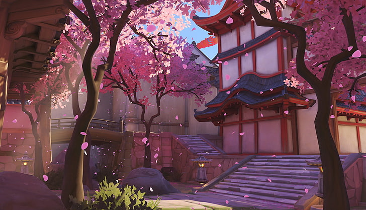 ilustración de la casa blanca, Overwatch, videojuegos, Blizzard Entertainment, flor de cerezo, Hanamura (Overwatch), Fondo de pantalla HD