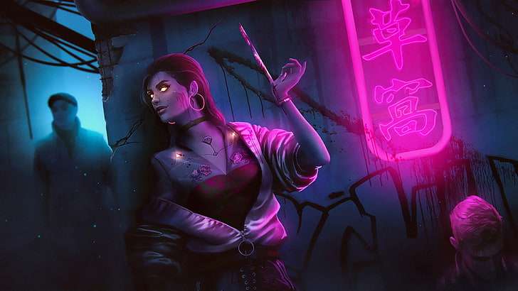 women, neon lights, dark, assassins, cyberpunk, HD wallpaper