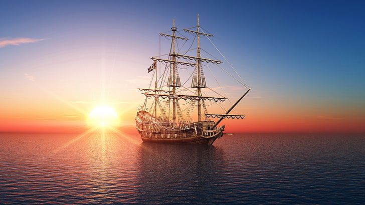 brązowy żaglowiec, morze, zachód słońca, fotografia, świt, statek, żaglówka, grafika 3D, Tapety HD