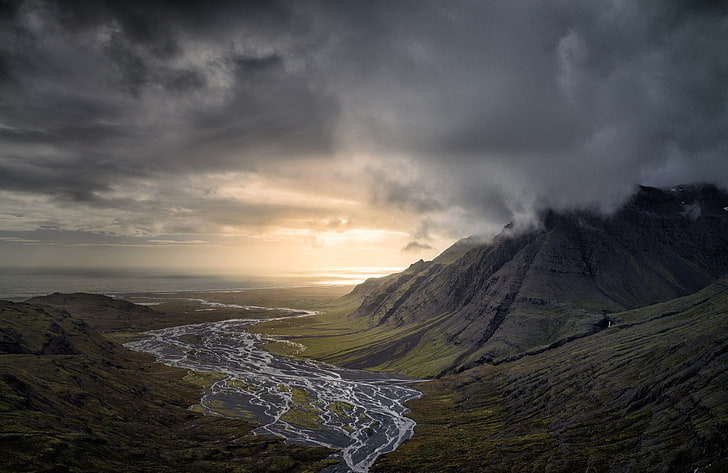 nature, paysage, sombre, nuages, montagnes, rivière, vallée, coucher de soleil, mer, Islande, Fond d'écran HD