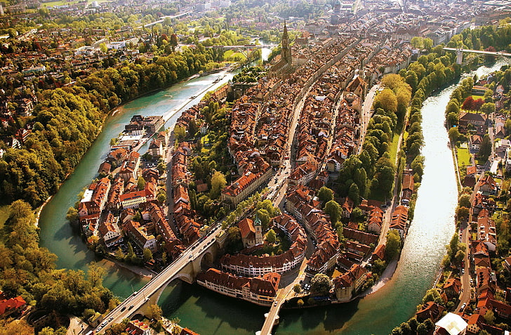 brown concrete structure, city, river, bridge, Bern, Switzerland, Aar River, HD wallpaper