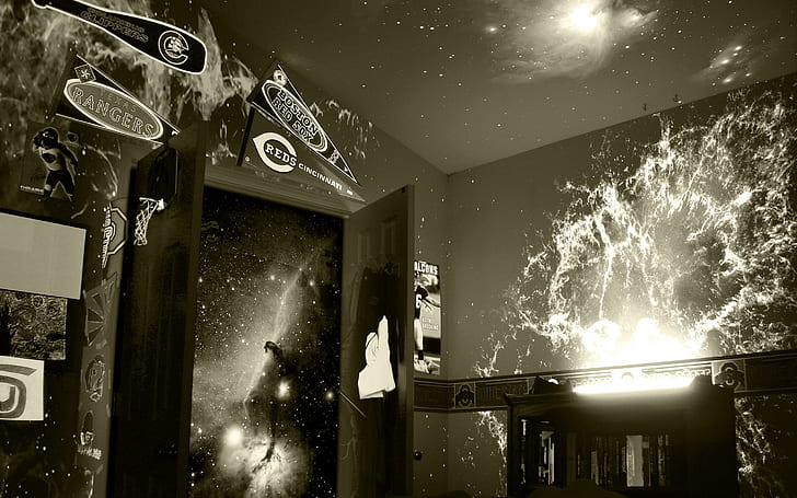 Космическая комната, черная панель двери, цифровое искусство, 2880x1800, комната, свет, звезда, вселенная, галактика, HD обои