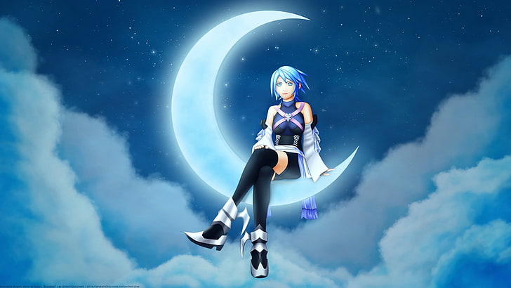 женщина сидит на луне цифровые обои, аниме, девушка, луна, звёзды, ночь, HD обои
