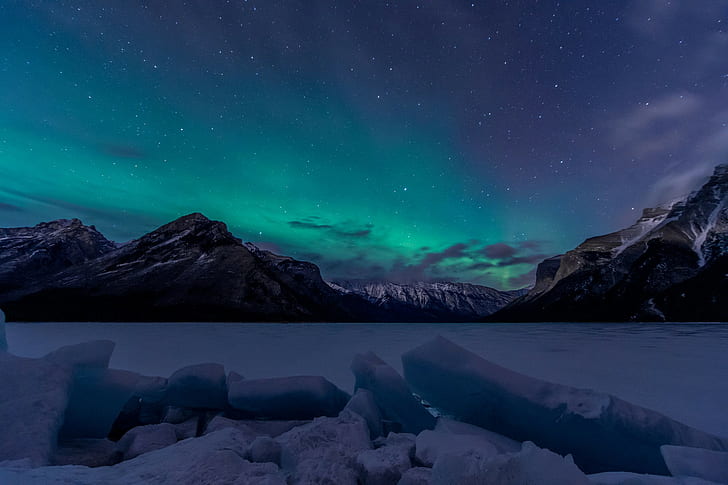 landskap, snö, aurora borealis, HD tapet