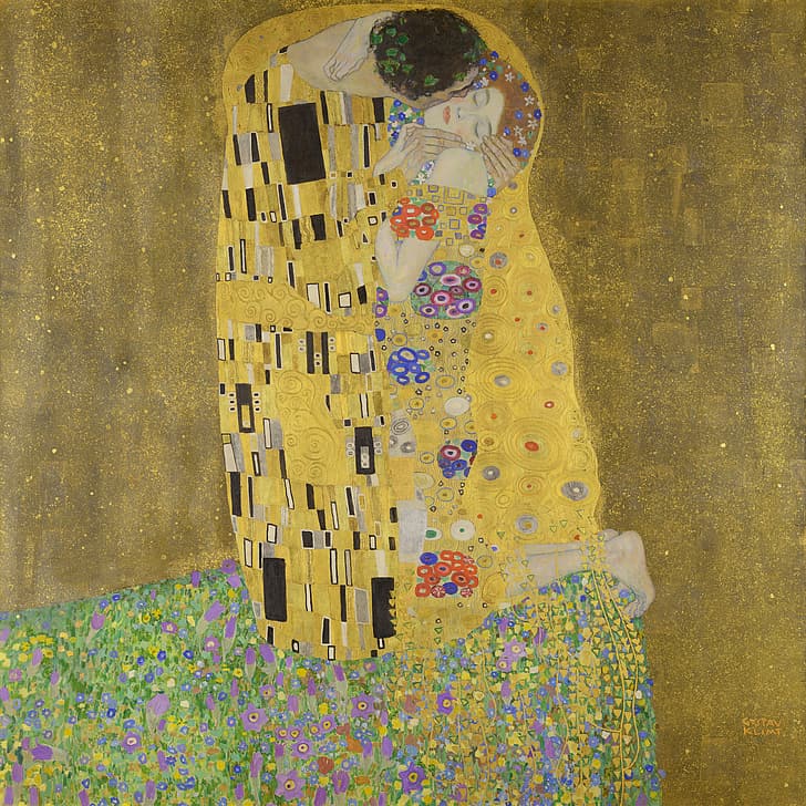 grafika, Gustav Klimt, obraz olejny, olej na płótnie, nowoczesny, kochankowie, symbolika, punkt widzenia, Tapety HD