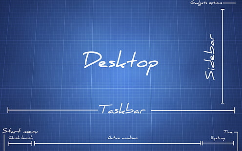 Desktop-Layout, Desktop-Seitenleiste und Task-Balkendiagramm, Blaupause, Anordnung, lustig, blau, HD-Hintergrundbild HD wallpaper