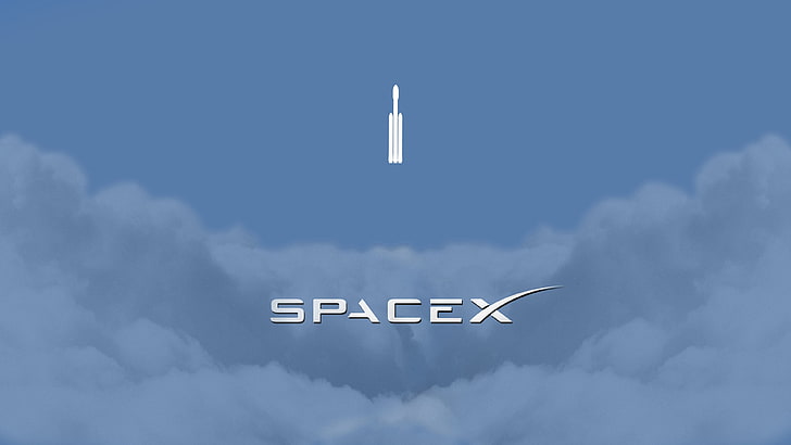 white text on gray background, space, spaceship, minimalism, clouds, rocket, logo, SpaceX, Elon Musk, Falcon Heavy, HD wallpaper
