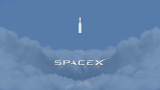 灰色の背景、スペース、宇宙船、ミニマリズム、雲、ロケット、ロゴ、SpaceX、Elon Musk、Falcon Heavyの白いテキスト、 HDデスクトップの壁紙 HD wallpaper