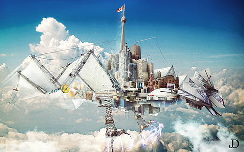 città, nuvole, creativo, fantastico, fantasy, fantascienza, steampunk, mondo, Sfondo HD HD wallpaper