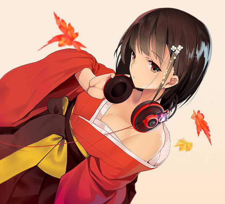 Anime, Anime Girls, Dekolleté, Kopfhörer, japanische Kleidung, Kimono, offenes Hemd, lange Haare, Brünette, braune Augen, HD-Hintergrundbild