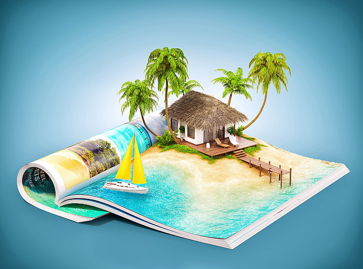 laut, matahari, rumah, tropis, pohon-pohon palem, kreatif, latar belakang, pulau, kapal pesiar, dermaga, menembus, notebook, resor, kursi berjemur, Grafik 3D, Wallpaper HD