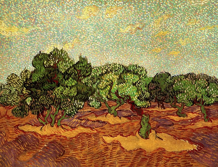 trees, Vincent van Gogh, Olive Grove, Pale Blue Sky, HD wallpaper
