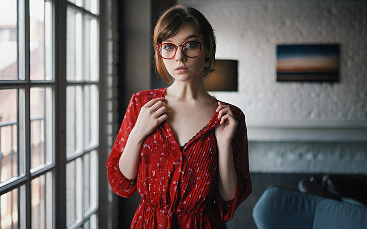 Olya Pushkina, Sergey Zhirnov, women, model, women with glasses, dress, red dress, looking at viewer, women indoors, HD wallpaper