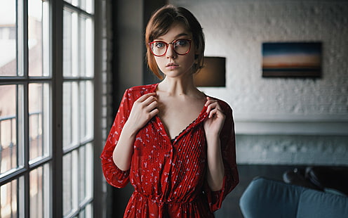 Olya Pushkina, Sergey Zhirnov, women, model, women with glasses, dress, red dress, looking at viewer, women indoors, HD wallpaper HD wallpaper