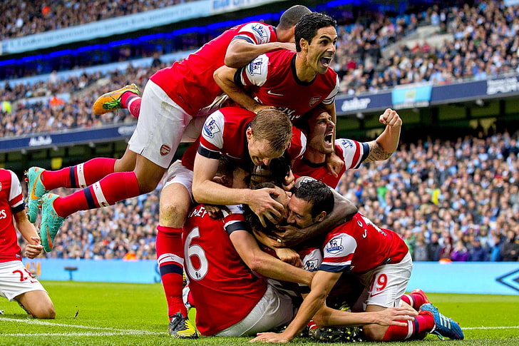 kaos jersey putih dan merah pria, latar belakang, Arsenal, tribun, pemain, Football Club, The Gunners, merayakan, Wallpaper HD