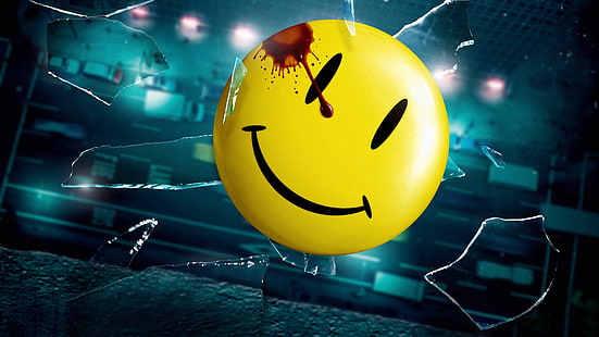 smiley emoji, Watchmen, broken glass, blood stains, falling, road, smiley, movies, HD wallpaper HD wallpaper