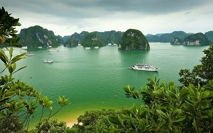 bateau de croisière blanc, paysage, Vietnam, Fond d'écran HD