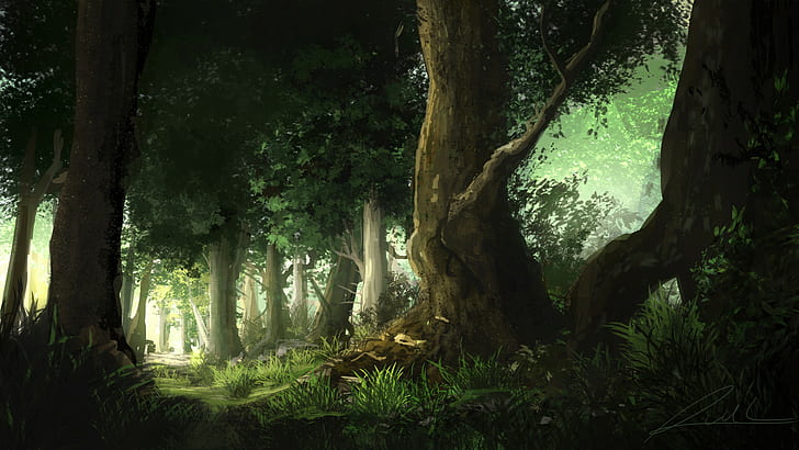 arte digital, arte, pintura, bosque, árboles, rama, tronco de árbol, hierba de Alex van der Linde, hierba, Fondo de pantalla HD