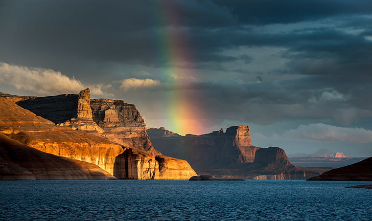 Lake Powell, Powell Reservoir, Arizona, photography of rainbow on mountains on sunset, mountains, Arizona, rainbow, lake, Lake Powell, Powell Reservoir, HD wallpaper