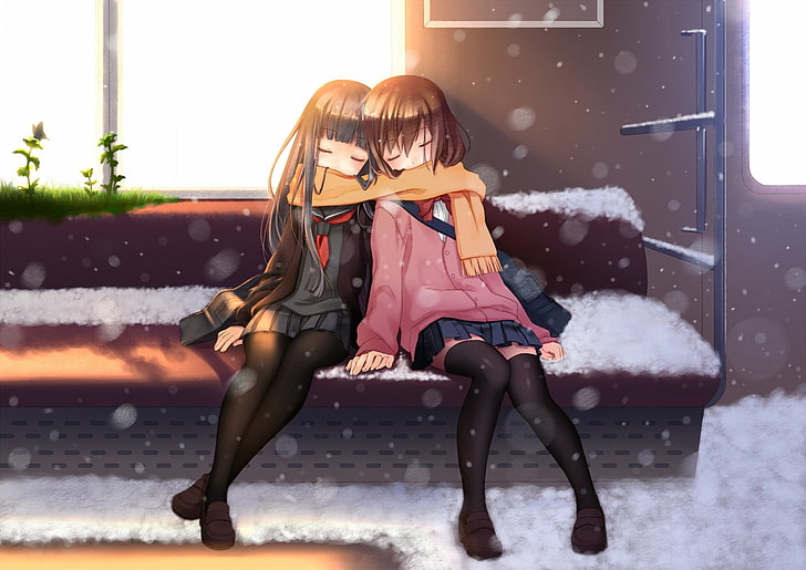 две жени аниме герои, спящи на тапета на влак пейка, nana mikoto, момиче, аниме, зима, шал, пейка, HD тапет