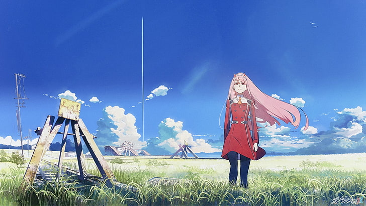 персонаж женского аниме, идущий на полевой иллюстрации, Дорогая в FranXX, Ноль Два (Дорогая в FranXX), розовые волосы, чистое небо, HD обои