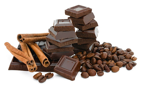 Chocolat, café à la cannelle, cannelle, chocolat noir, sucré, grains de café, chocolat, 3d et abstrait, Fond d'écran HD HD wallpaper