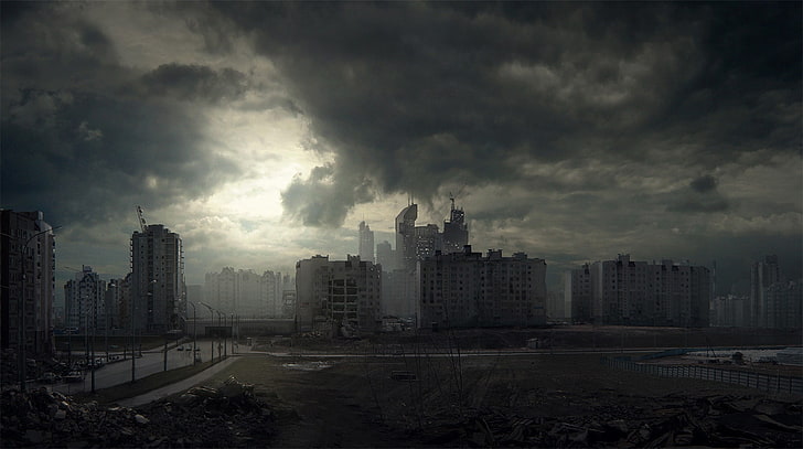 gray concrete buildings, ruin, apocalyptic, HD wallpaper