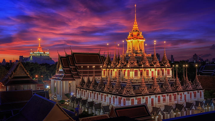 Tapınaklar, Tapınak, Bangkok, Işık, Tayland, Wat Ratchanatdaram, HD masaüstü duvar kağıdı