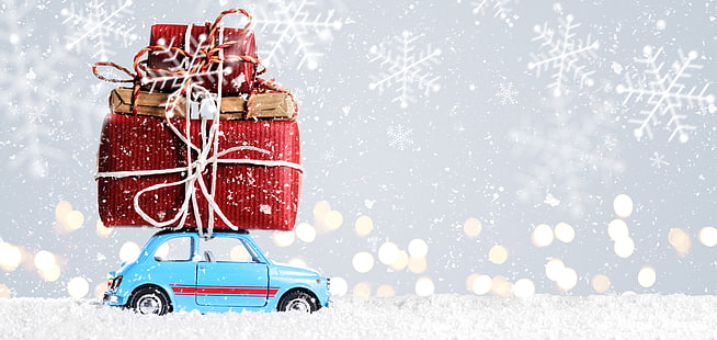 teal car carrying gifts illustration, car, snow, New Year, Christmas, gifts, Merry Christmas, Xmas, decoration, holiday celebration, HD wallpaper HD wallpaper