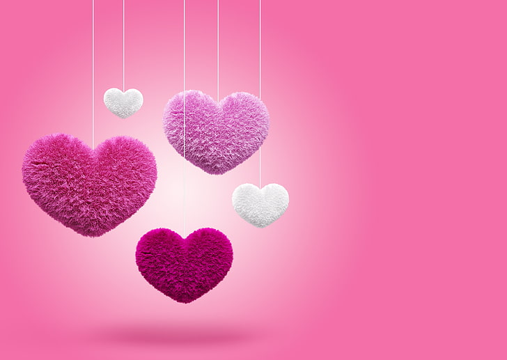 five heart figurines, hearts, love, fluffy, pink, HD wallpaper